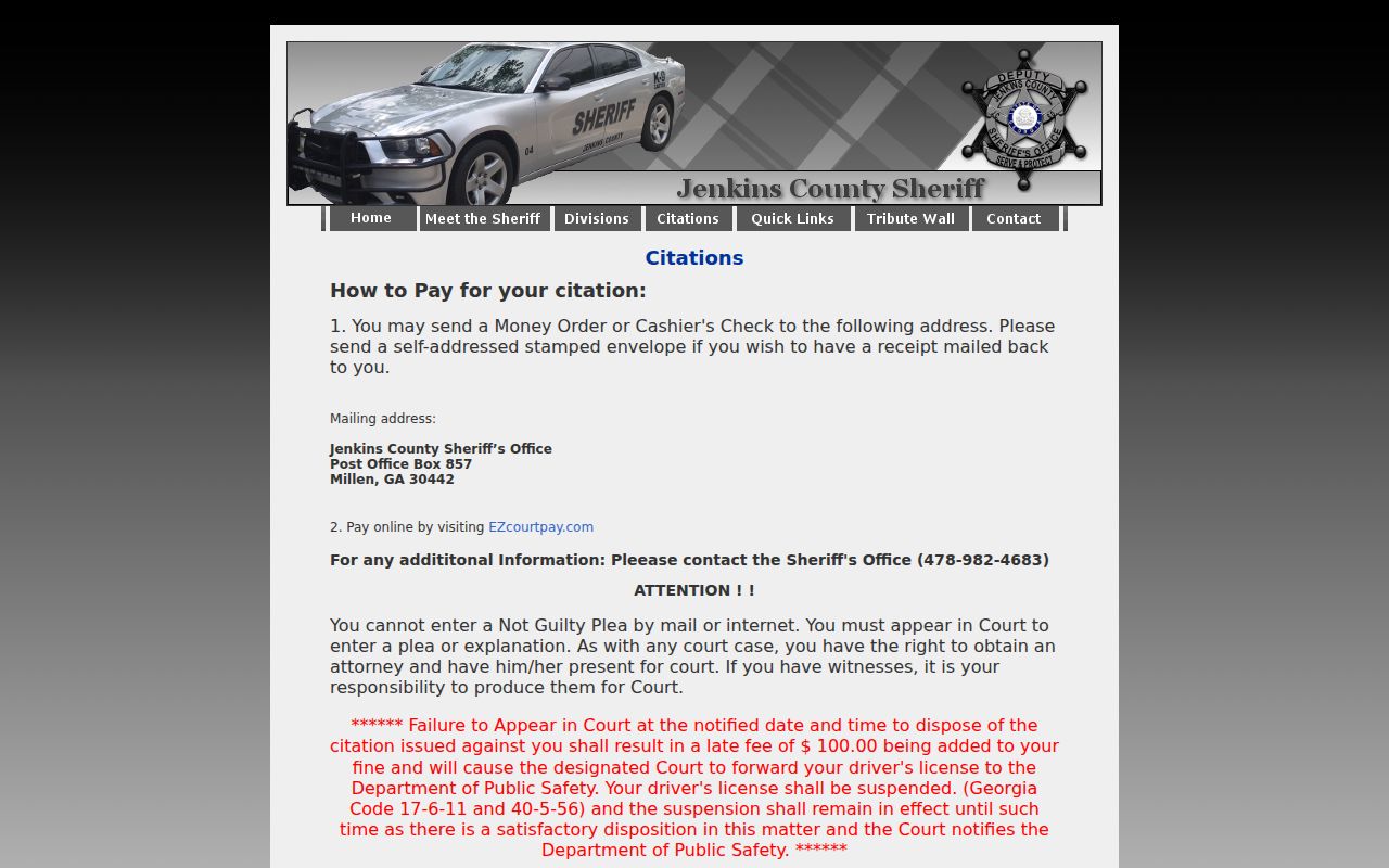 Jenkins County traffic ticket sheriff citation instructions